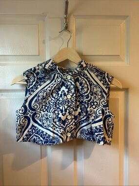 1960s Floral Hooded Vest Blue & White Cropped Top Beach Surfer Gidget Vera